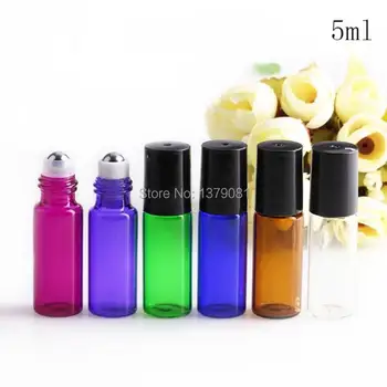 

5ml Glass Roll On bottles Blue,Green Empty Essential Oil Bottle Black Lids Mini sample vials Metal Roller Ball Free Shipping