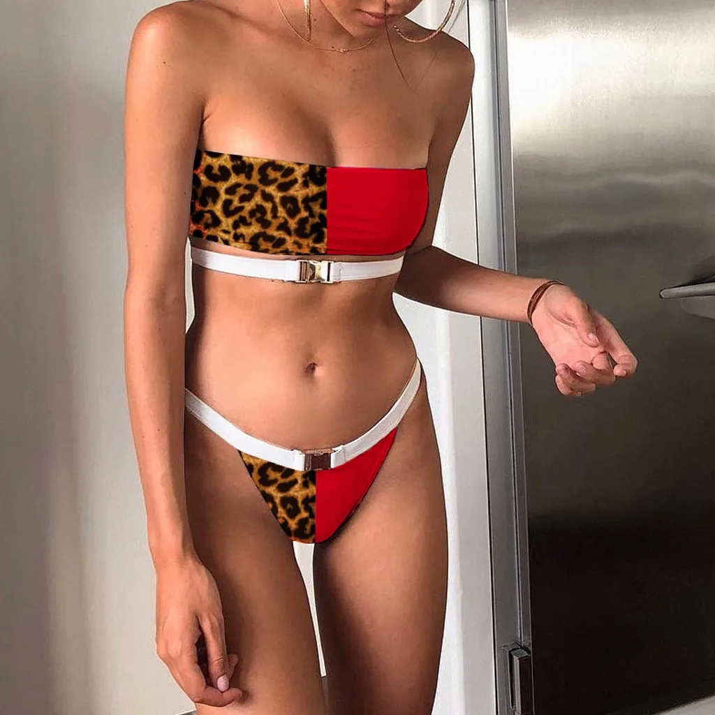 

Women Tube Top Sexy Leopard Print Patchwork Swimsuit High Waist Buckle Two Pieces Bikini Set Beachwear Summer Beach Bathing Suit