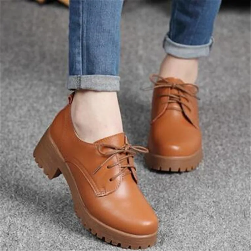 Zapatos de plataforma plana con tacón cuadrado para mujer, calzado oxford con cordones, para Primavera Invierno - Calzado