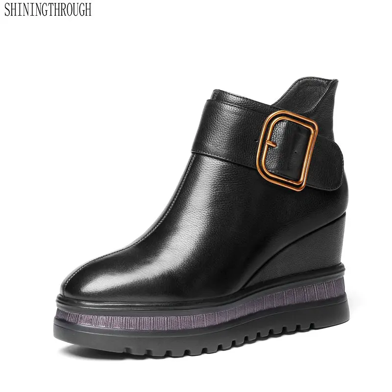 

Genuine Leather Women's Boots Side Zipper Wedges Shoes Woman Autumn winter Ankle Boots Female Footear large size 42