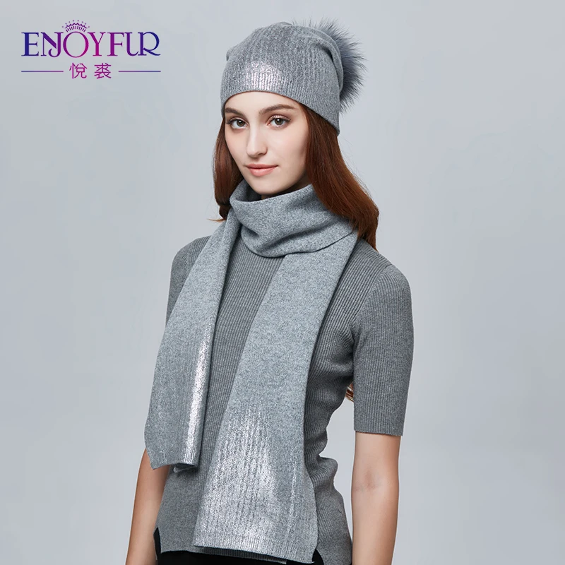 

ENJOYFUR Women Winter Hat And Scarf Set Fashion Cashmere High Quality Fur Pompom Hat Female Warm Cashmere Knitted Hat Scarves