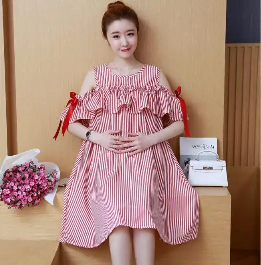

Maternity Clothes 2019 Summer Bow Sleeve Dress Clothes for Pregnant Women Fashion Elegant Striped Pregnancy Clothing