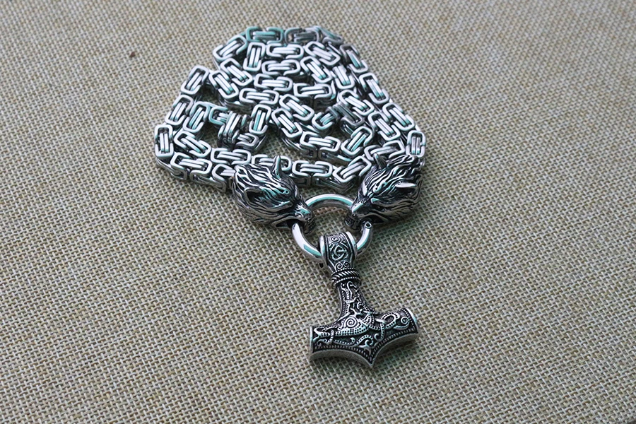 Men stainless steel necklace viking wolf head with thor's hammer mjolnir pendant norse talisman ethnic jewelry