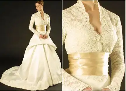 Beautiful Ivory Satin Lace Long Sleeve V Neck Wedding Dress Grace