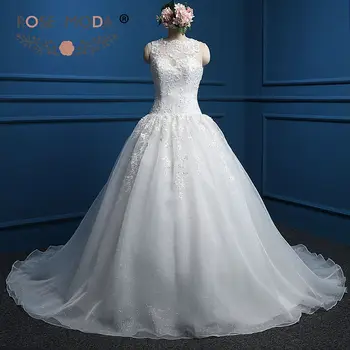 

Rose Moda High Neck Wedding Dress Organza V Back Pearl Beaded Ball Gown Plus Size Wedding Dresses 2019