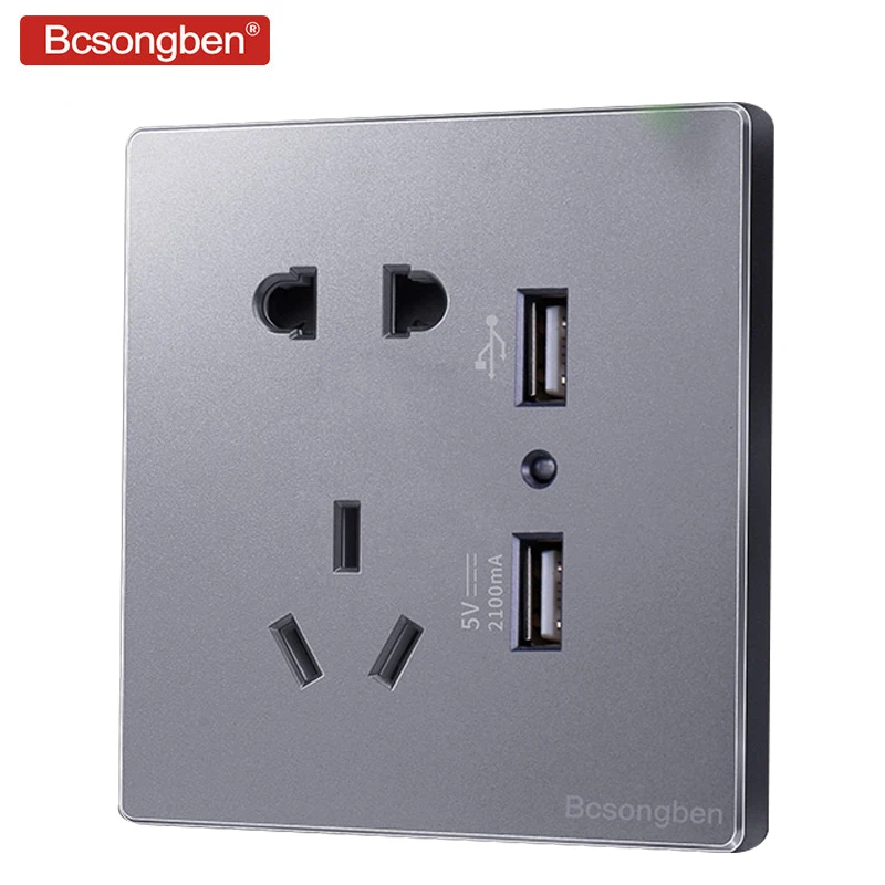 

Bcsongben pop power usb plug socket wall Silver gray Nordic simple style five holes usb USB charging socket AC 220V J2-5KUSB