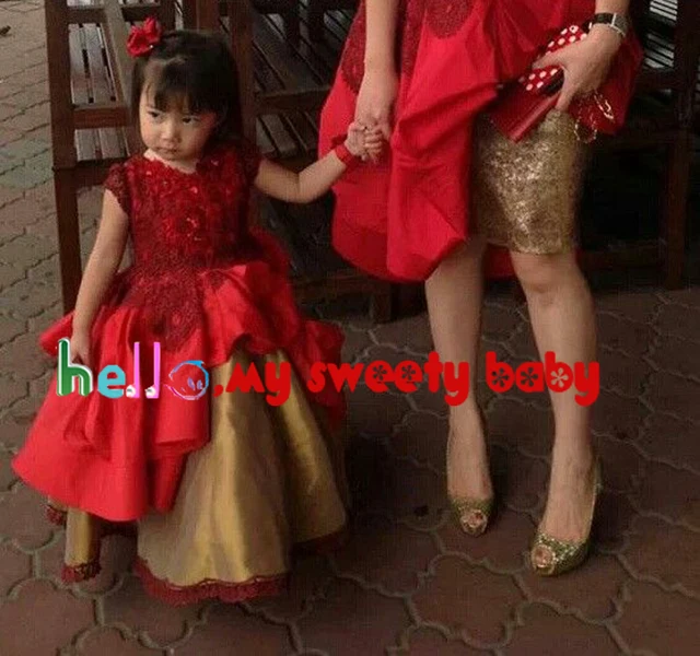 Cheap Red Christmas Little Girls' Party Dresses Crew Neckline Lace Beading Sequins Floor Length Ball Gown Little Flower Girls Dresses