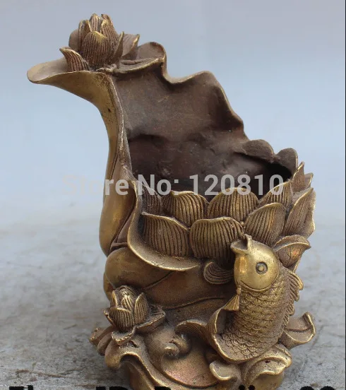 

JJJ000++5" Marked Chinese Feng Shui Brass Lotus leaf Fish Brush Pot pencil Holder vase