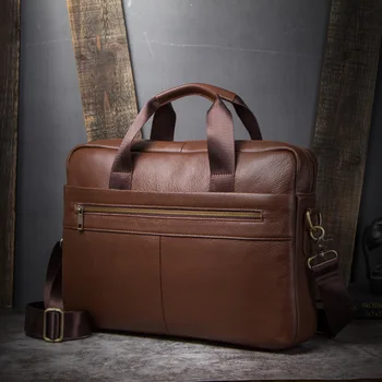 

Vintage men's genuine leather briefcase Business Men briefcase for 14" laptop Cow Leather Men shoulder bag Soild Brown handbag