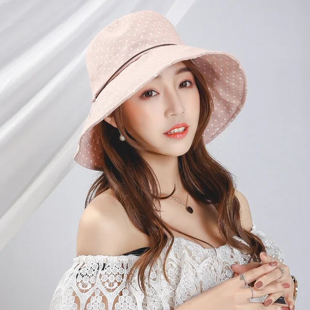 2017 Fashion Women Floppy Wave Point Bucket Hat With String Summer Wide Brim Sun Hats Beach