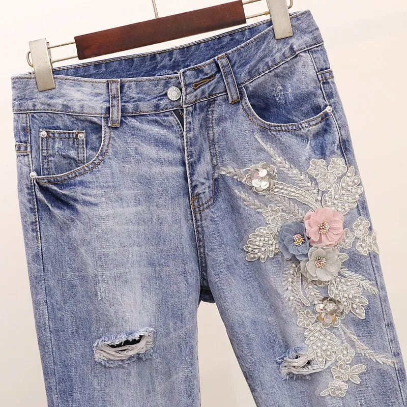 Amolapha 2018 Women Beading 3D Flower 2 Pieces Jeans Sets Woman ...