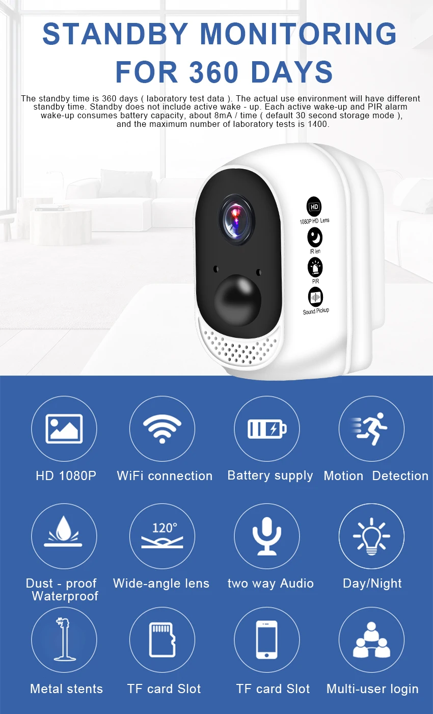 Smar 1080P HD Wireless WiFi Camera Built-in 10400mAh Lithium Polymer Battery Outdoor Indoor Security IP Cam PIR Motion Detector (1)