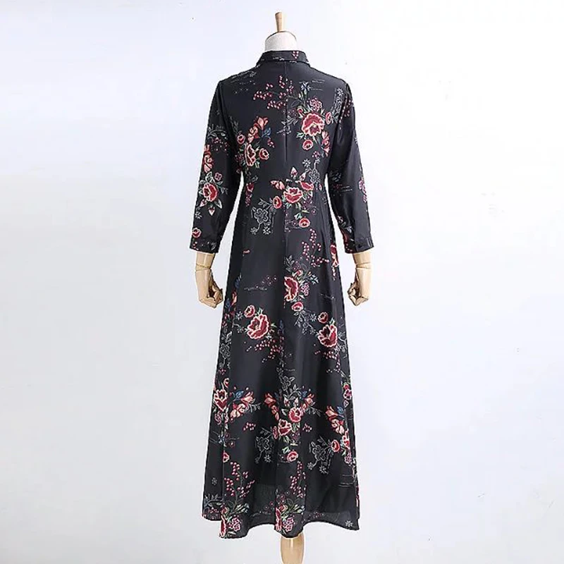 2017 Женщины Весна Dress Леди Полный Рукавом отложным Воротником Цветочным Принтом