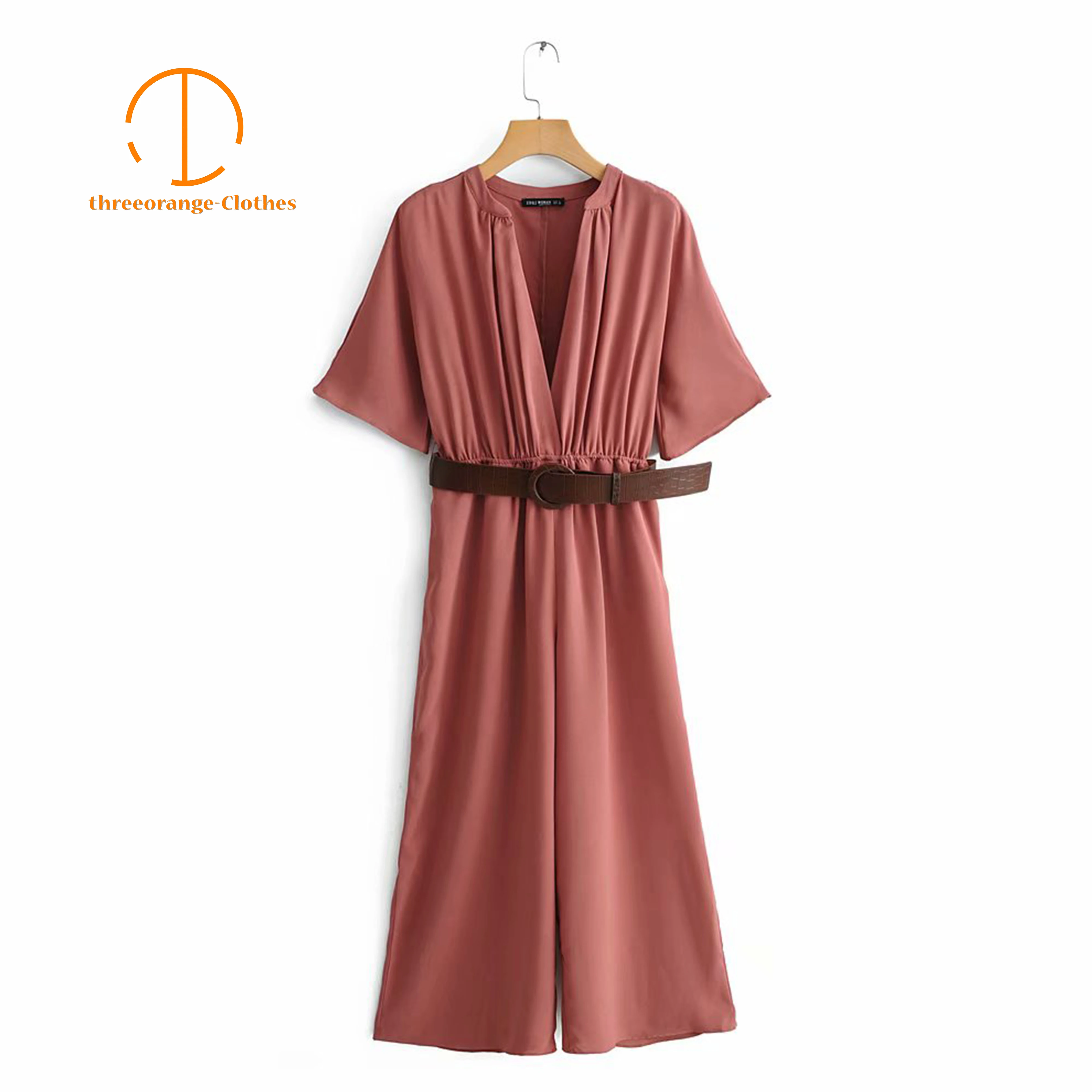 

Oversize loose Fashion Jumpsuit Women V Neck Solid Rose Red with Leather belt Elegant Summer Casual Draped Noble Lady Jumpsuit