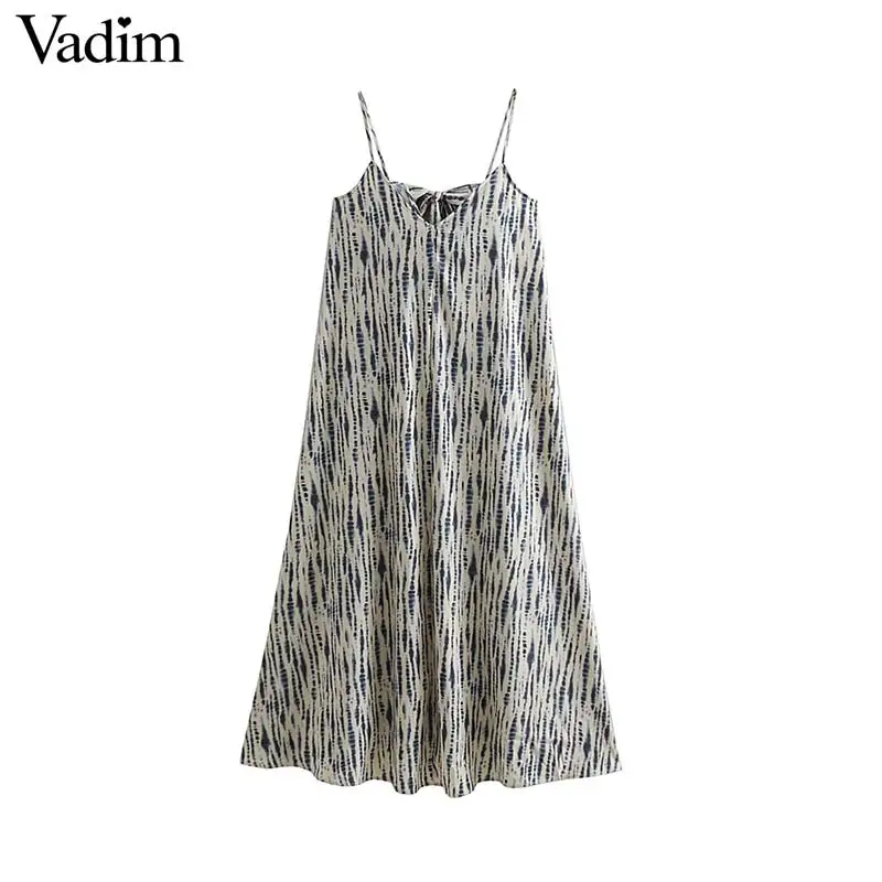 

Vadim women V neck print sleeveless midi dress spaghetti strap back bow tie female casual mid calf dresses vestidos QB682