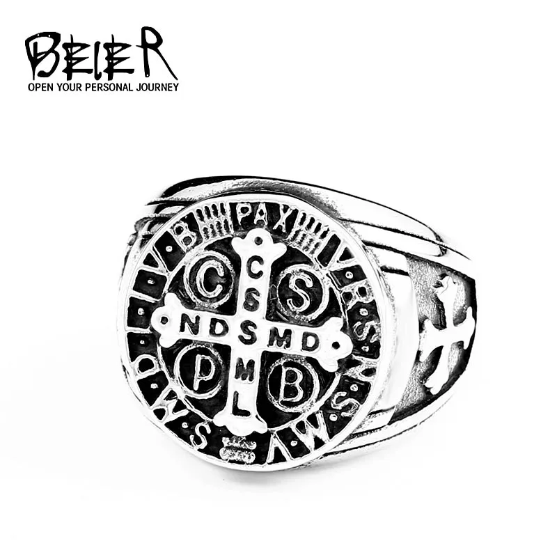 

BEIER Fashion Vintage Ancient st Letter Cross ring stainless steel Punk rock jewelry for man party gift Dropshipping BR8-623