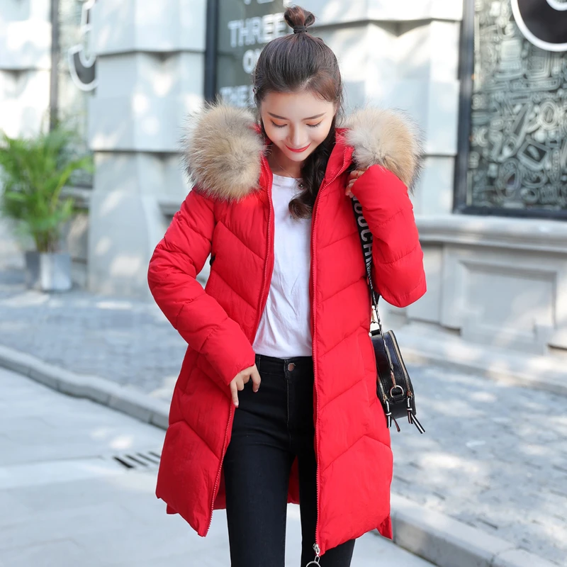 Mujeres Parka nueva moda chaqueta de mujeres más M abajo abrigo de algodón chaqueta de piel grande con capucha delgada larga Parka|Parkas| - AliExpress