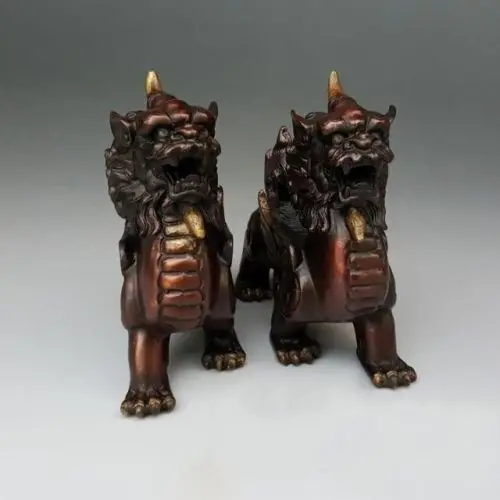 

Folk FengShui Copper Dragon Unicorn Beast PiXiu Brave Troops Statue Pair