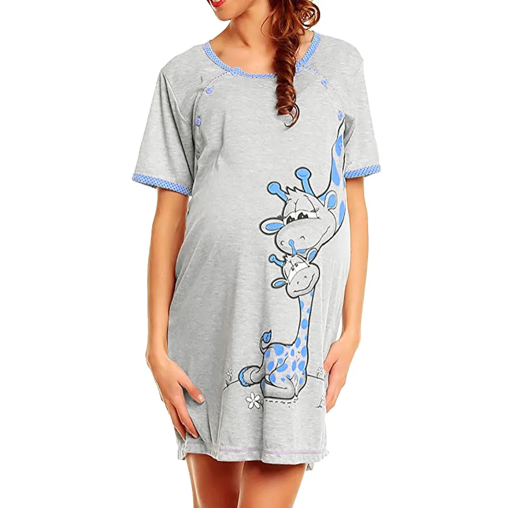 

Casual Daily Wear For Pregnant Women Short sleeve Maternity Dress Solid Gray Cartoon giraffe Print Skirt Solid Print Nightdress