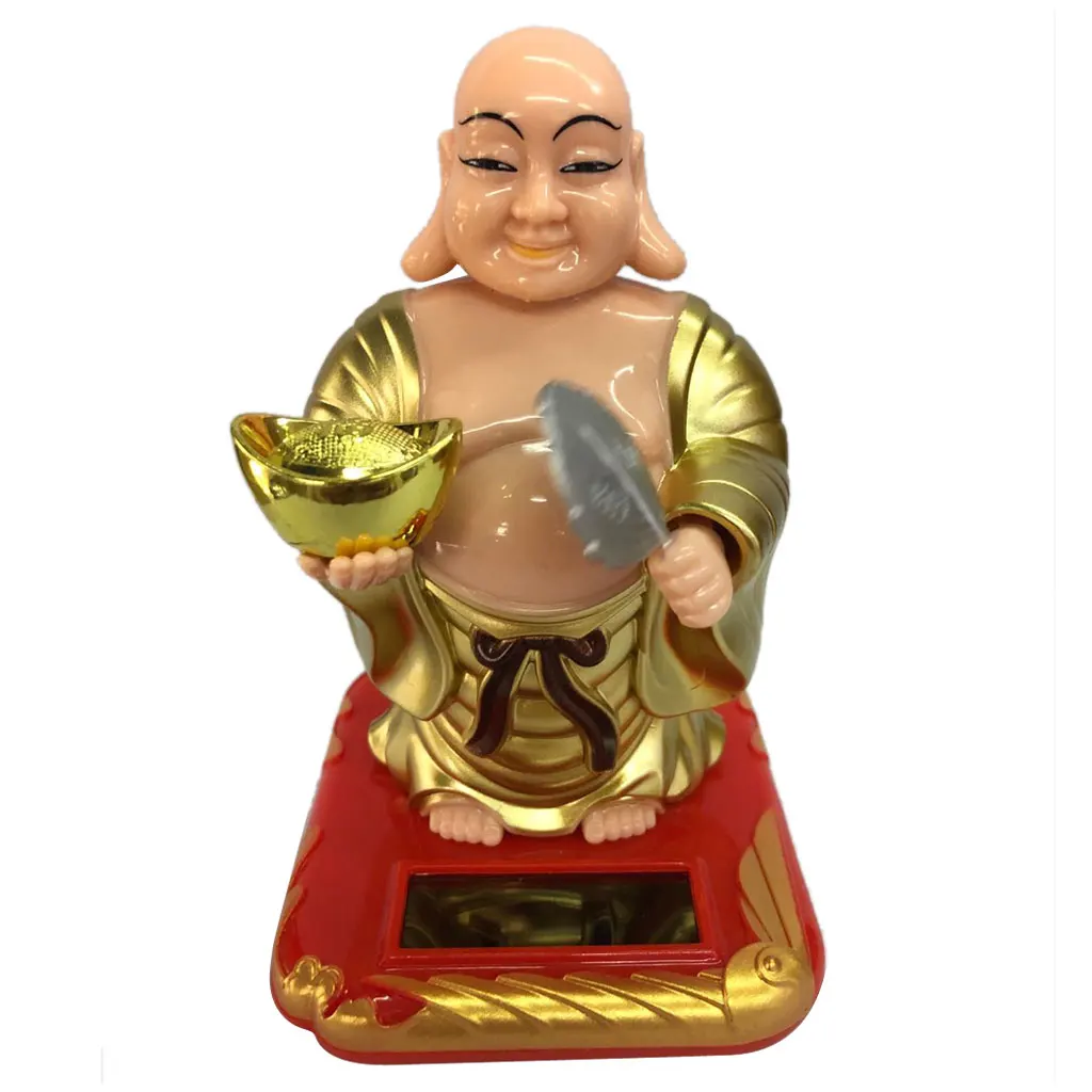 Feng Shui Decoration Solar Powered Waving Fan Lucky Wealth Happy Laughing Buddha -2.36x2.76x3.94inch