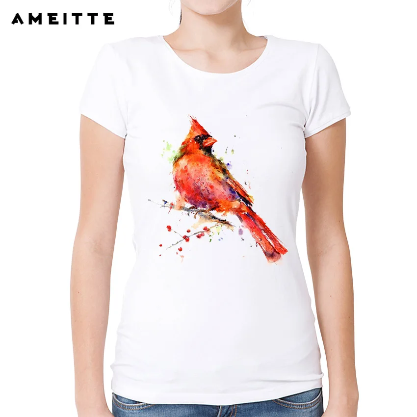 AMEITTE Fashion Hand Painted Parrot T Shirt Women Retrol Cute Bird