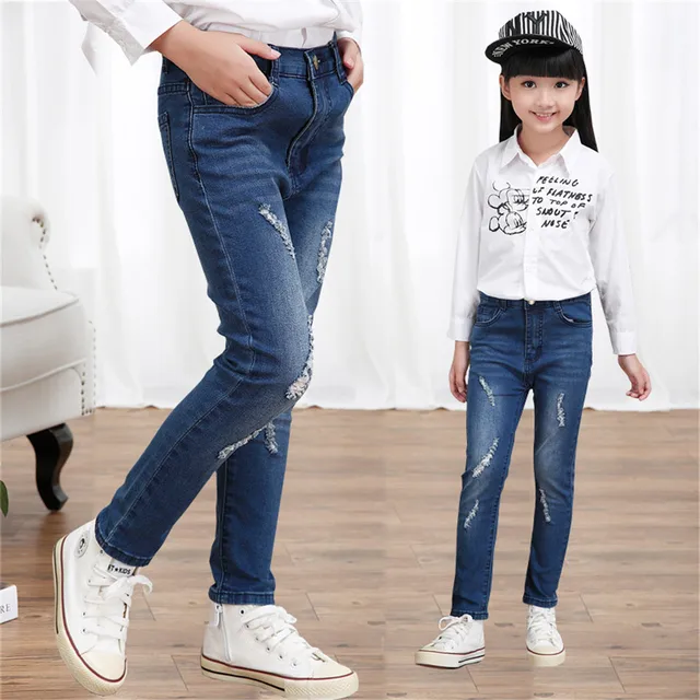 Retail Autumn Girls jeans 2015 New Designer Polished hole Children