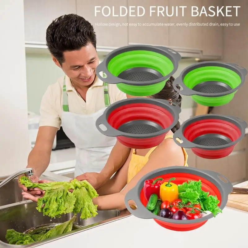 

New Silica Gel Fruit Vegetable Washing Drain Strainer Basket Strainer Collapsible Colander With Handle Kitchen Tools