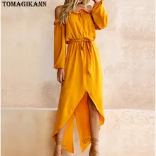 2018 Irregular Yellow Ruffles Slash Neck Off Shoulder Belted Women Split Dress Spring Long Sleeve High Waist Long Dresses 2018 Irregular Yellow Ruffles Slash Neck Off Shoulder Belted Women Split Dress Spring Long Sleeve High Waist Long Dresses