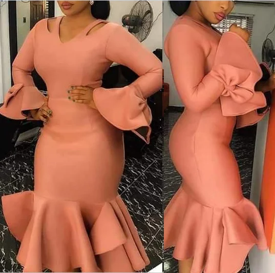 Women Bodycon Party Dress Hollow Out Shoulder Ruffles Long Sleeves with Bowtie Elegant Slim Evening Dating Robes Female Tunics - Цвет: Orange Pink