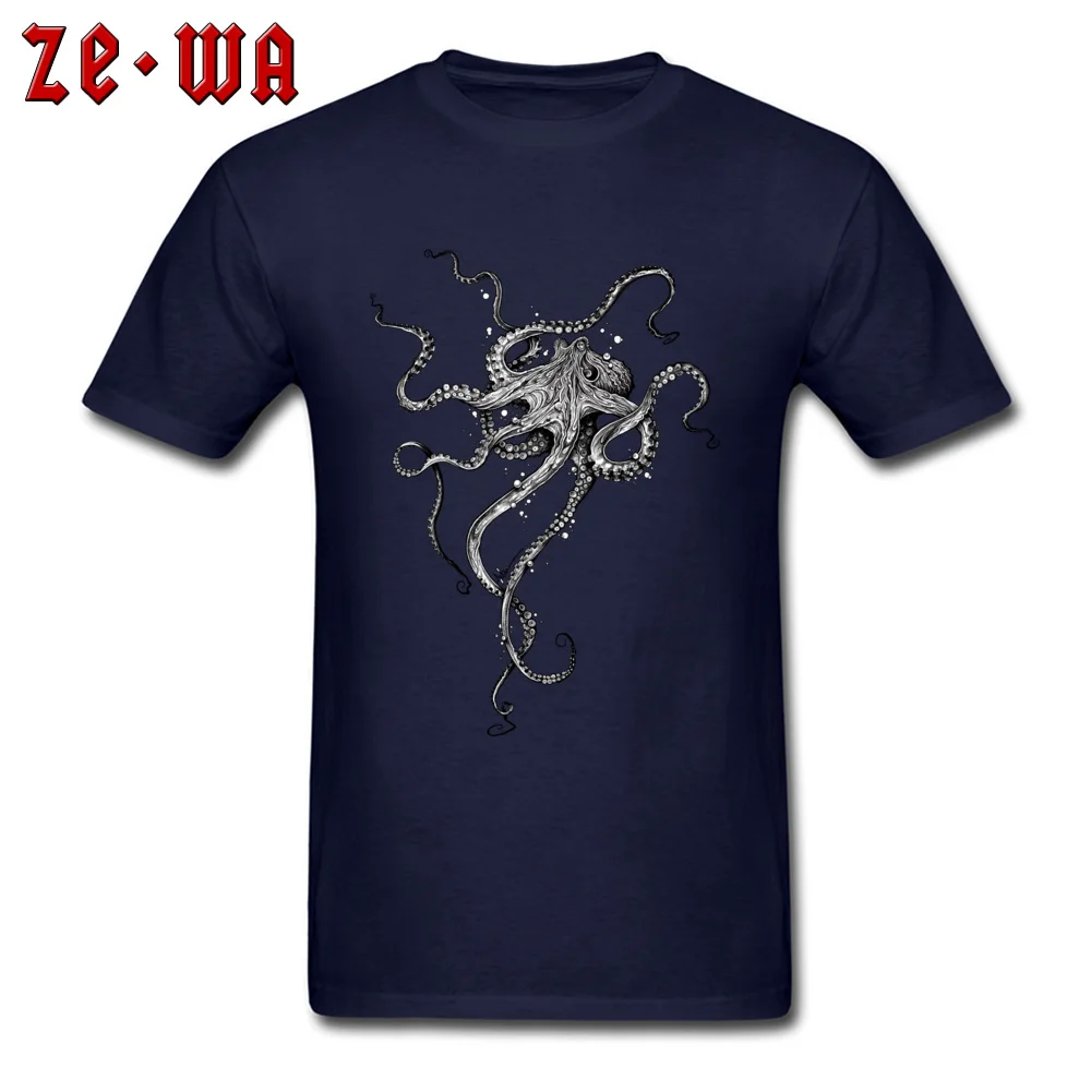 Round Collar Octopus 100% Cotton Male Top T-shirts Normal Short Sleeve Tops T Shirt Rife Printed T-shirts Top Quality Octopus navy