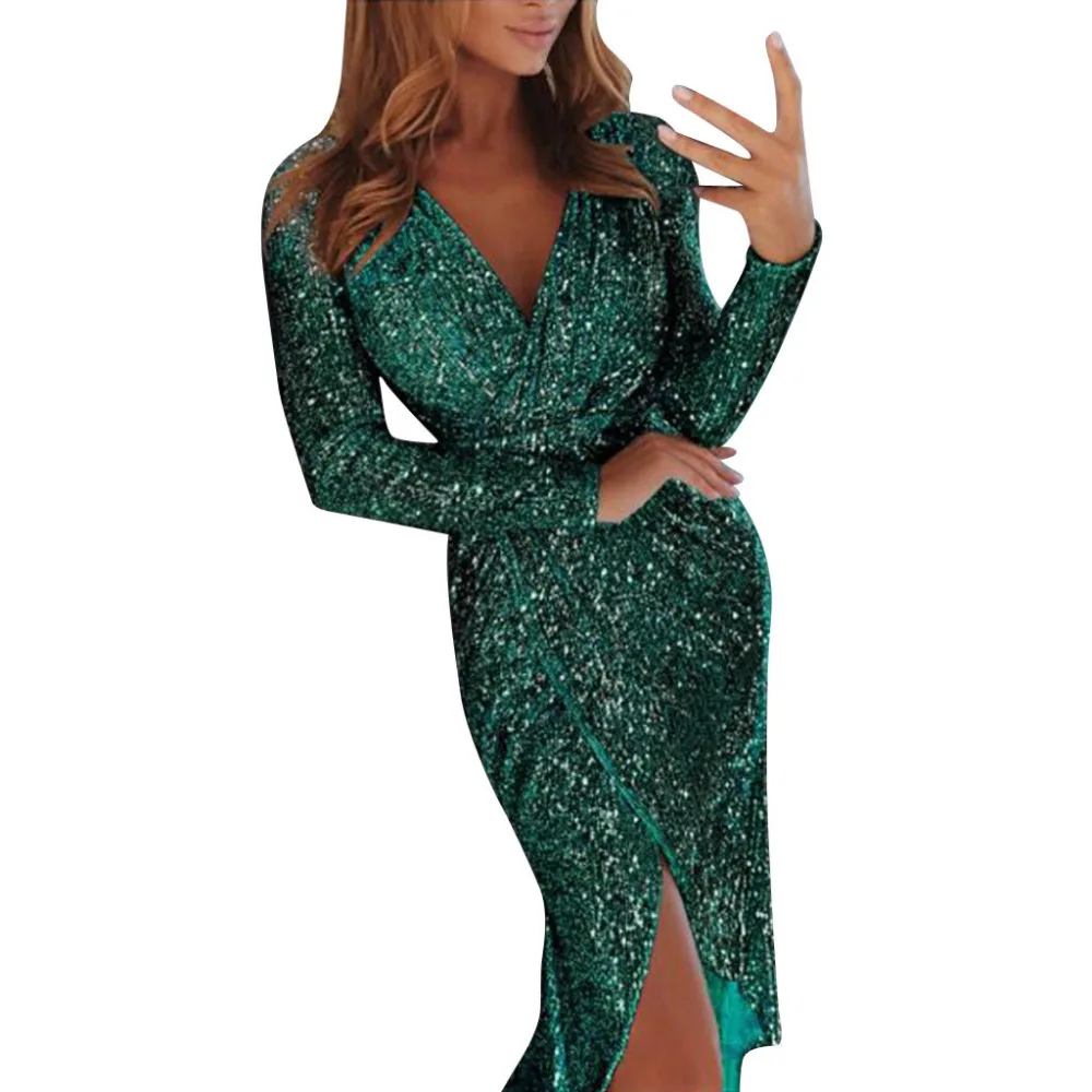 

Women Deep V Sequins Wrap Ruched Long Sleeve Nightclub Dress