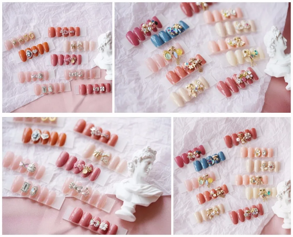 

New limited cream pure color with sliver decoration 3d fake nails Japanese ins Princess style cute bride false nails full tips