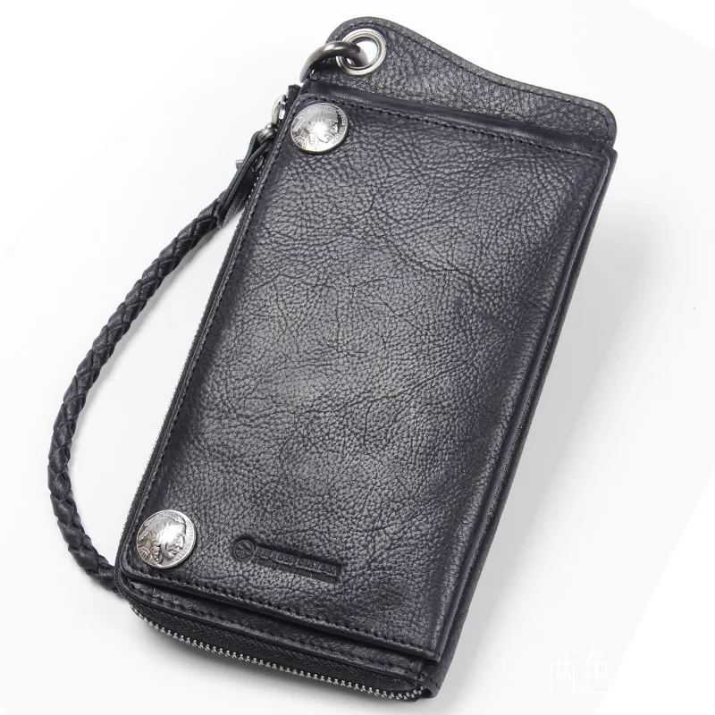 

BJYL Original handmade retro men wallet long zipper genuine leather buckle mobile phone bag anti-theft chain card holder wallets