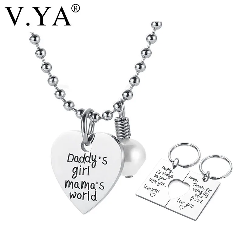 

V.Ya"Daught to Dad & Mom"Love Heart & Key Tag Pendant Necklace Fashion Stainless Steel Parent Jewelry Gift Engraved 3 Side Charm