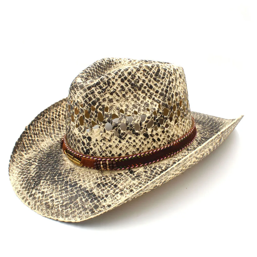 Женская и мужская соломенная западная ковбойская шляпа ручной работы плетеная пляжная Sombrero Hombre Cowgirl Джаз шапки панк ЛЕНТА в форме листьев размер 56-58 см