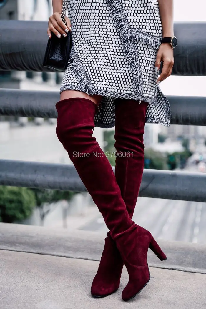 

suede leather women over the knee boots stretch slim fit lady boots shoe Slip-on high heels top quality long boots plus size 43