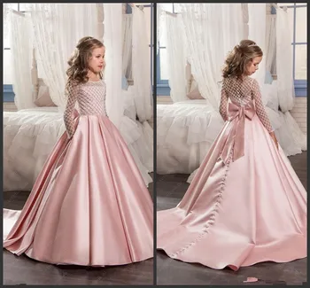 

2019 New Blush Pink Flower Girl Dresses Satin kids evening gowns with long sleeves Beads Ball gown Girls Pageant Dresses Custom