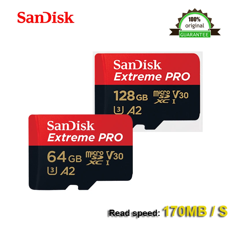 

SanDisk Extreme PRo microSDXC UHS-I 64GB 128GB Memory Card micro SD Card TF 170MB/s Class10 U3 A2 With SD Adapter 100% Original