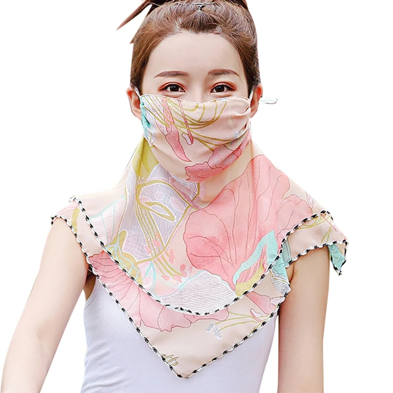 1 Pcs Sunscreen Veil Chiffon Masks UV Shawl Anti Haze Pollen Outdoor Travel Face Dust Thin Neck Protection Summer Female - Цвет: Big flower pink