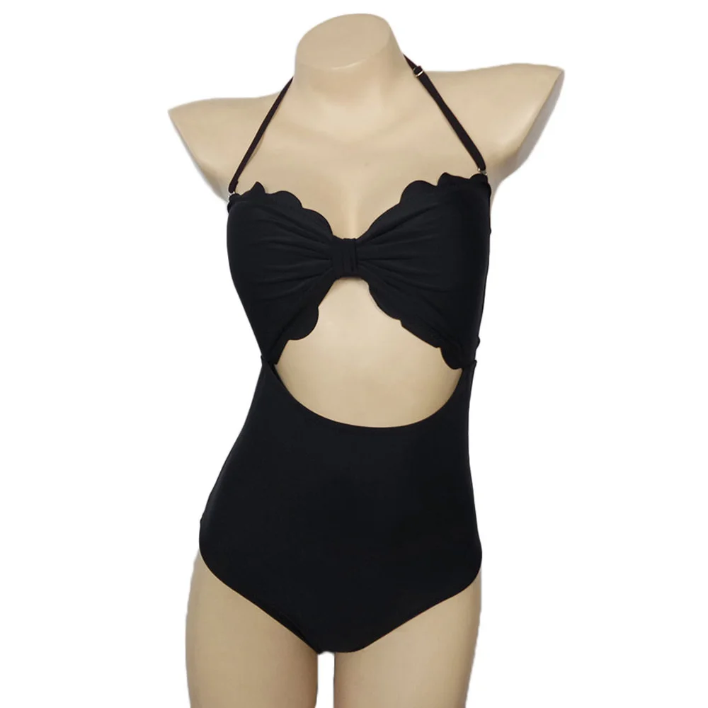 Sexy black swimwear women one piece swimsuit scalloped trim bathing