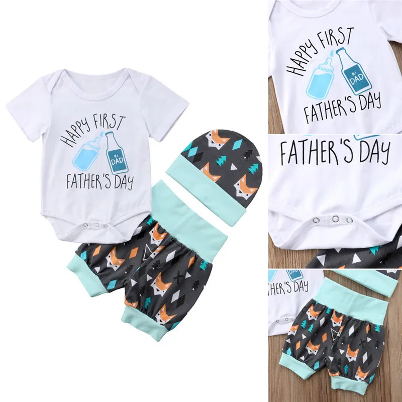 

PUDCOCO Baby Father Day Set Newborn Boy Girl Summer Clothes Casual Romper +Shorts+Hat Outfits 0-24M