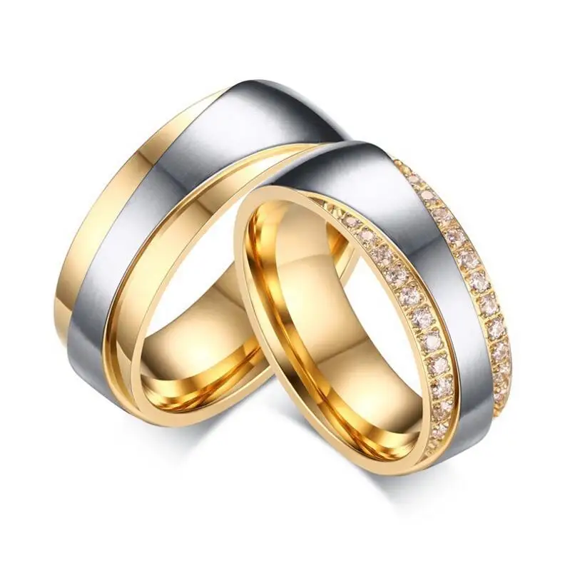 

316L Stainless Steel Two Tone Couple's Crystal Engagement Rings Free Engrave Wedding Band