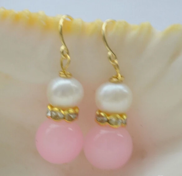 

free shipping 12259 pink jade white round PEARL DANGLE EARRING