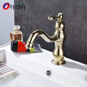 

Onyzpily Golden Basin Faucet Bathroom Sink Tap Deck Mounted Brass Flexable Spout One Handle Mixing Hot and Cold Water robinet salle de bain