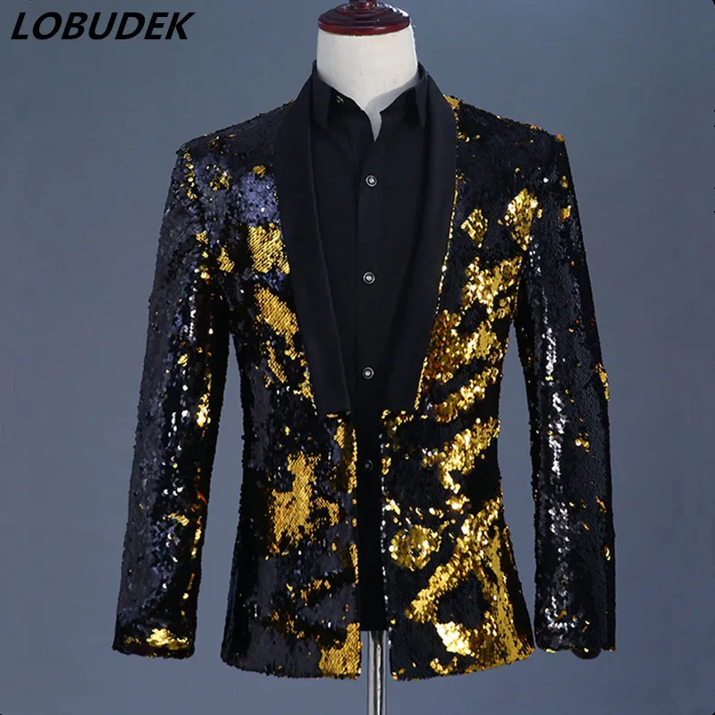 Men Gold Black Double Color Sequins Blazers Coat Tide Fashion Slim Jacket Outerwear Prom Host DJ