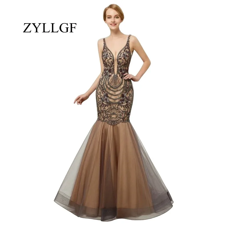 ZYLLGF Robe De Demoiselles D Honneurro сексуальные платья подружек невесты с открытой спиной для женщин Русалка V шеи бисером свадебное платье ES5