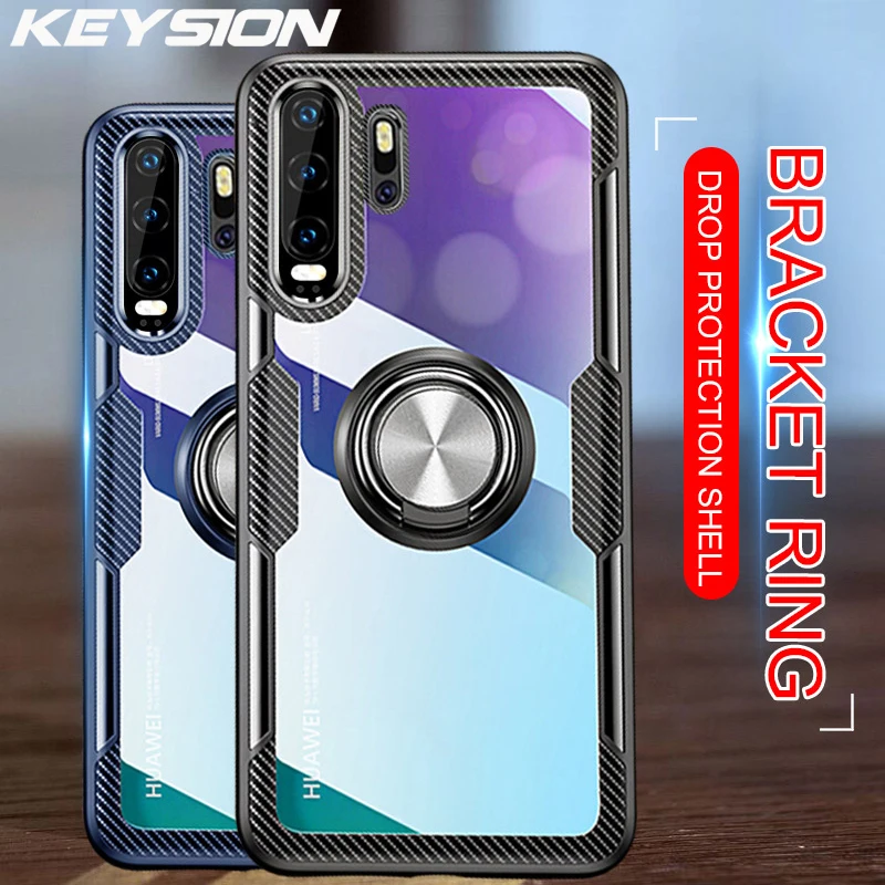 

KEYSION Luxury Slim Shockproof Metal Magnetic Car Ring Case for Huawei P30 P20 Pro Lite Soft Silicone Cover for Mate 20 Pro Lite