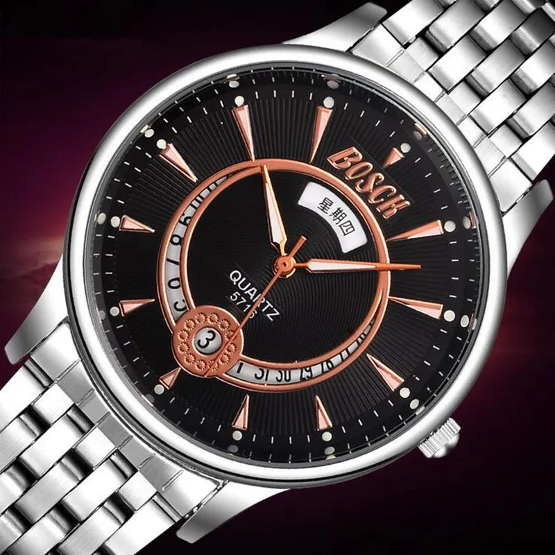

BOSCK - 5716, leisure men's watches, luxury watch brand, waterproof calendar quartz watch, gold stainless steel fashion watch