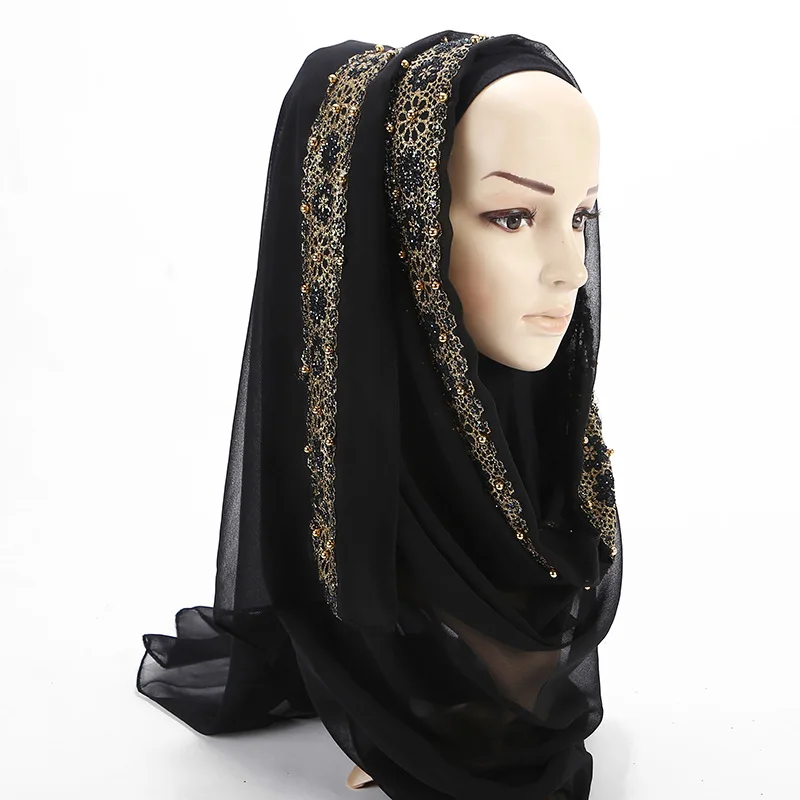 Muslim Ladies Chiffon Hijab Scarf Party Wedding Hijabs Shawl Beautiful Women Floral Lace Gold