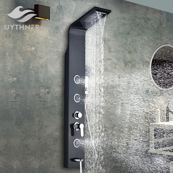 

Uythner Black Nickel Rainfall Waterfall Shower Panel Massage Jets Shower Column Mixer Shower Faucet Tower Shower Set Tub Spout